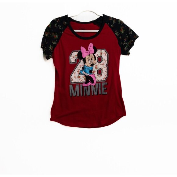Disney Womens Red Black Polycotton T-Shirt Minnie Mouse 28 Floral Round Neck XL - Picture 3 of 8